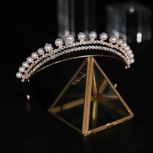Vintage Gold Pearl & Crystal Tiara Headband